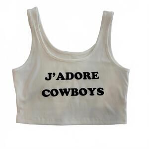 White Ribbed Crop Tank Top with 'J'ADORE COWBOYS' Print,‎ S